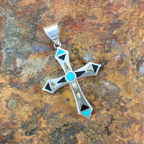 David Rosales Turquoise Creek Inlaid Sterling Silver Pendant Cross