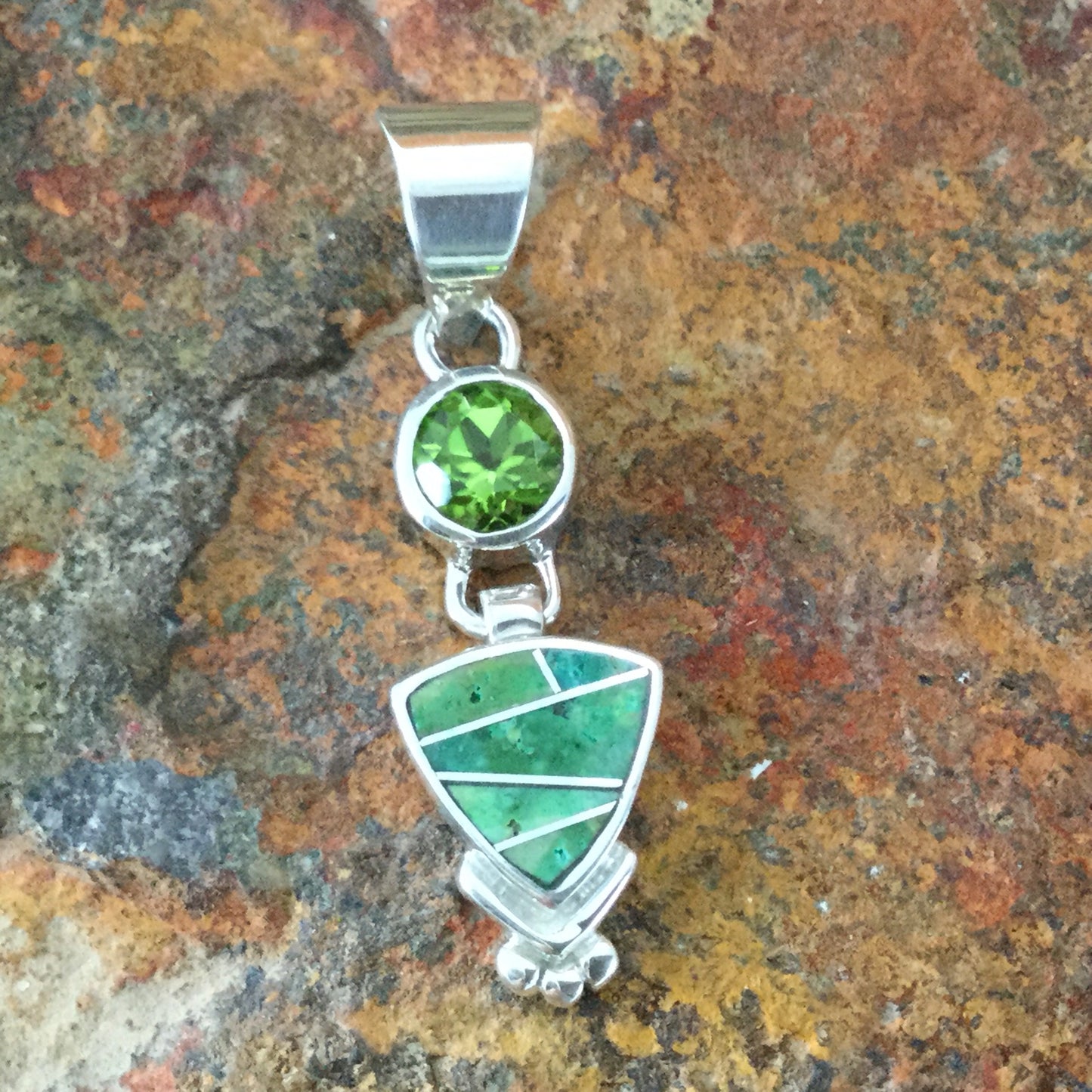 David Rosales Sonoran Gold Turquoise Inlaid Sterling Silver Pendant w/ Peridot