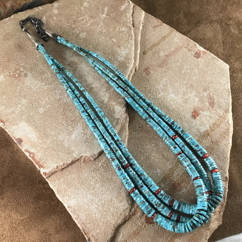 20" Three Strand Kingman Turquoise & Coral Beaded Necklace by Daniel Coriz