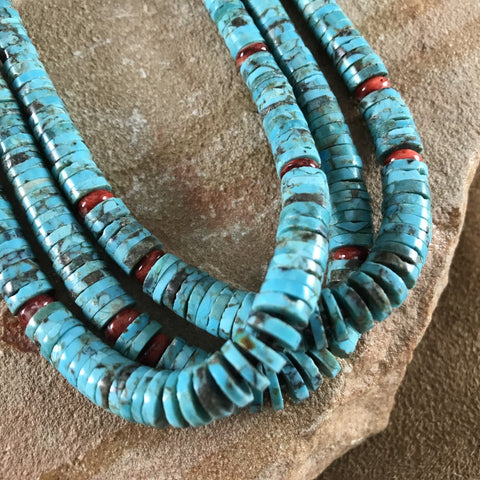 20" Three Strand Kingman Turquoise & Spiny Beaded Necklace by Daniel Coriz