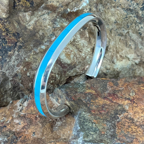 Sleeping Beauty Turquoise Sterling Silver Inlaid Bracelet by Troy Natachu