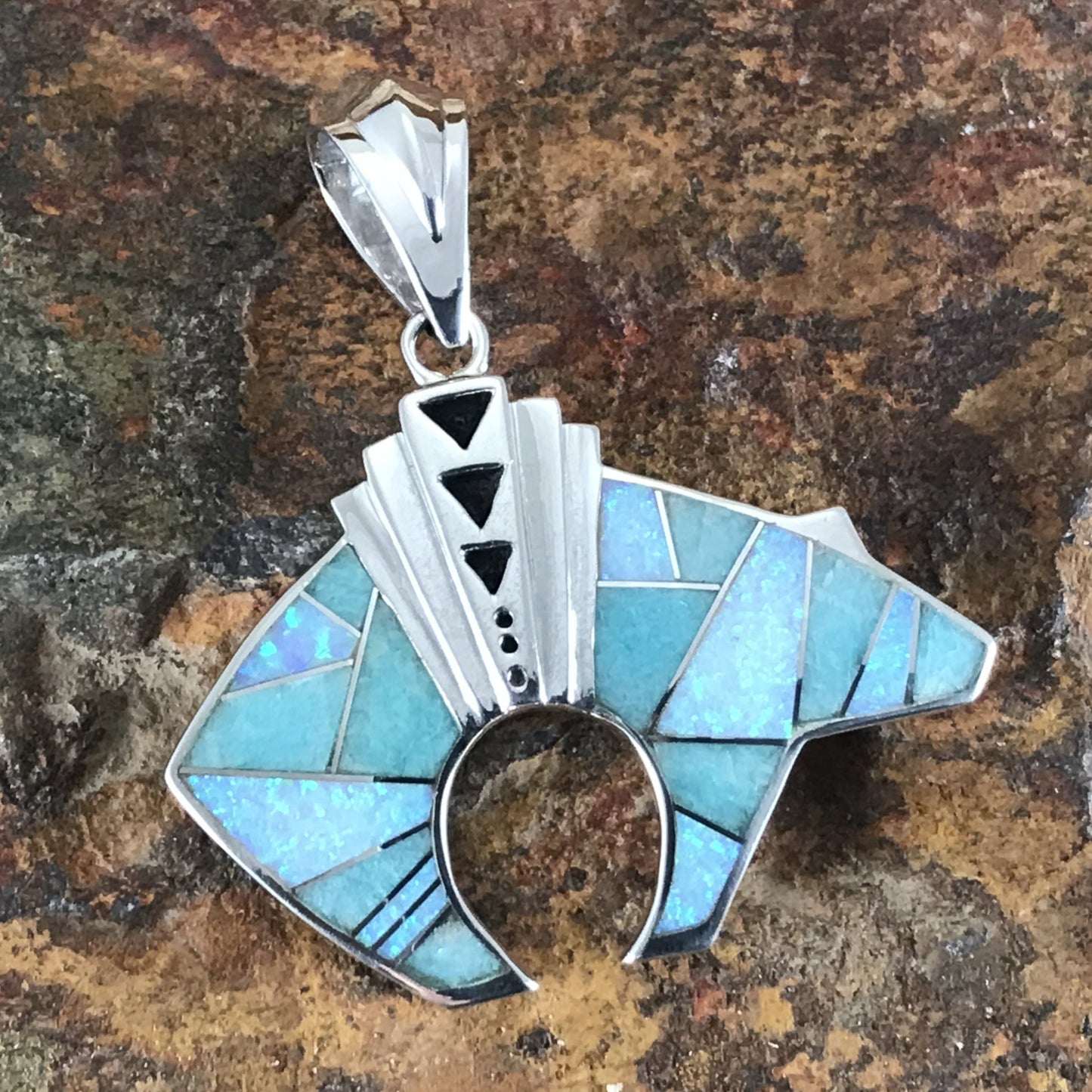 David Rosales Amazing Light Inlaid Sterling Silver Pendant Bear