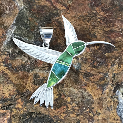 David Rosales Sonoran Gold Turquoise Inlaid Sterling Silver Pendant Hummingbird
