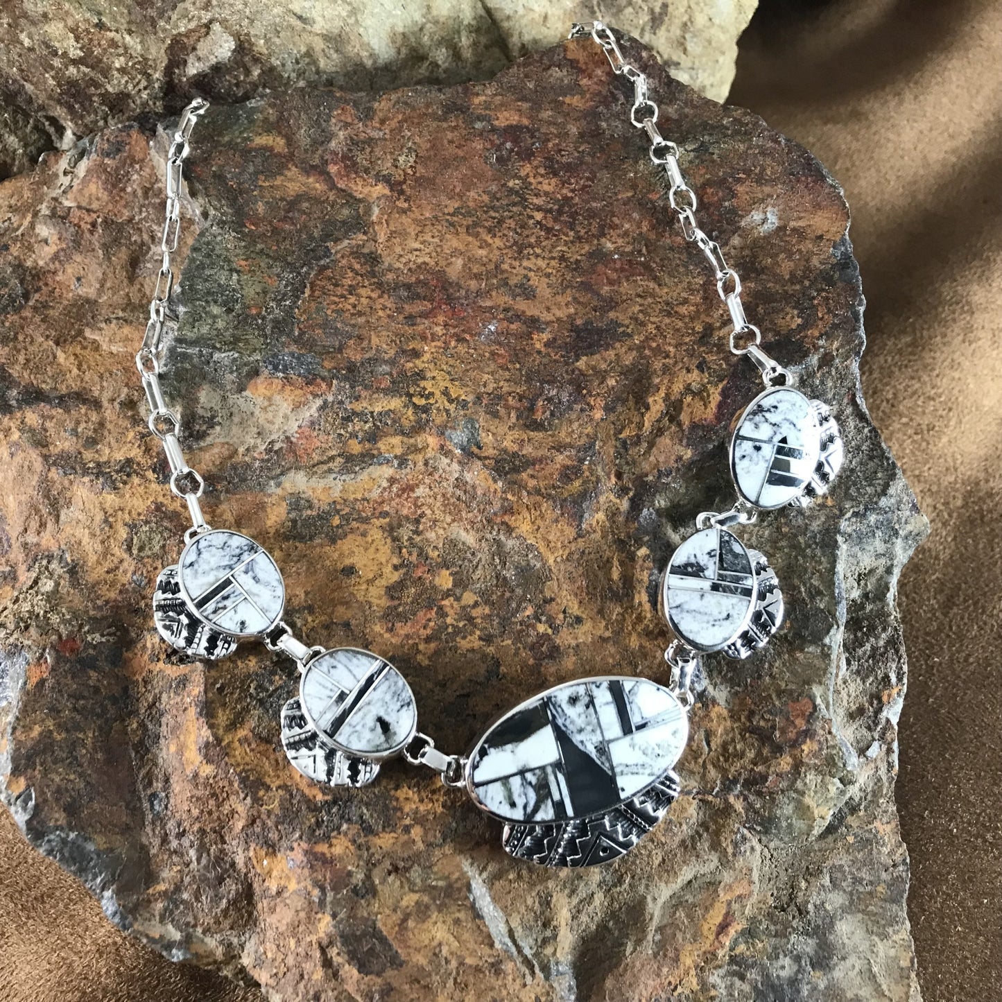 David Rosales White Buffalo Inlaid Sterling Silver Necklace