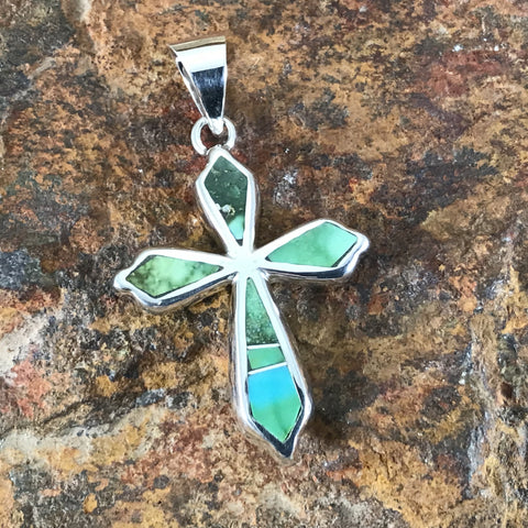 David Rosales Sonoran Gold Turquoise Inlaid Sterling Silver Pendant Cross