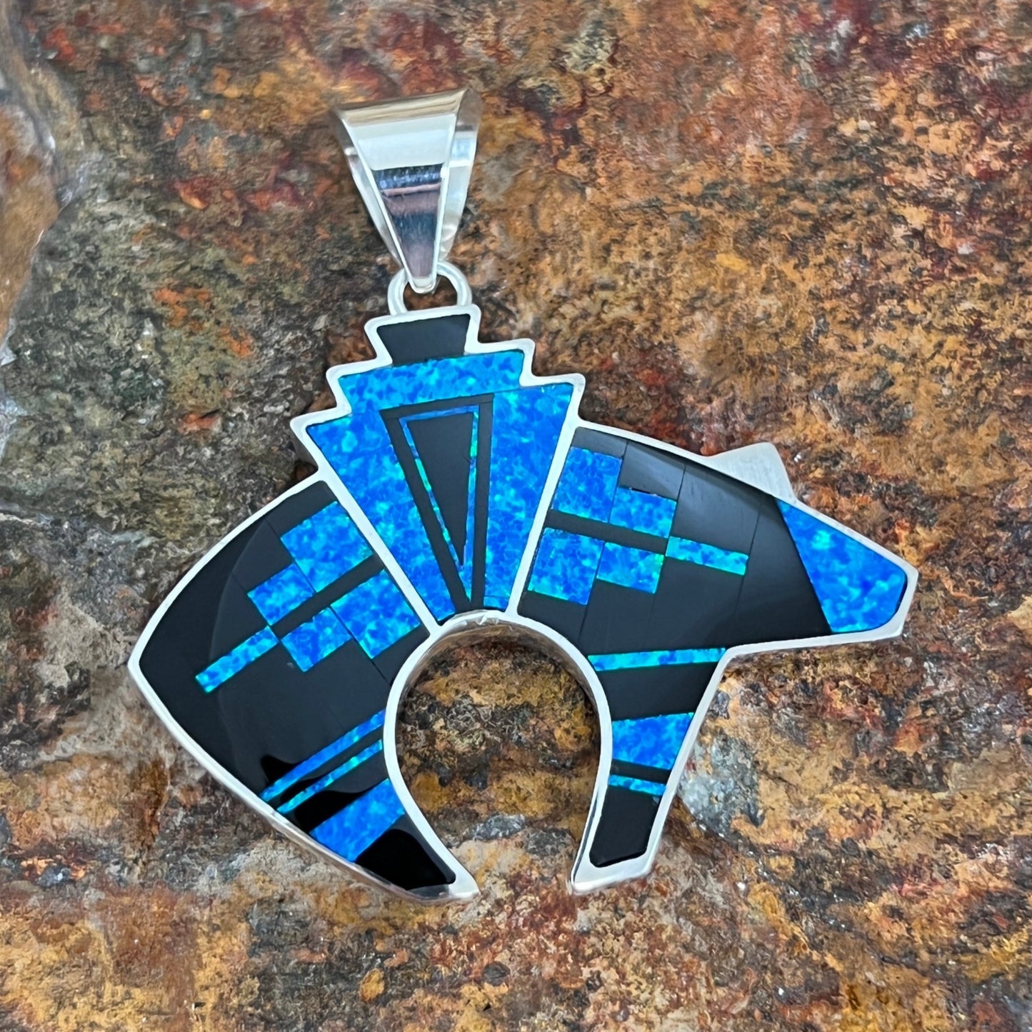 David Rosales Red Moon Inlaid Sterling Silver Pendant Bear