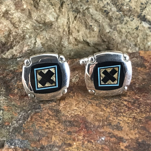 David Rosales Turquoise Creek Fancy Inlaid Sterling Silver Cuff Links