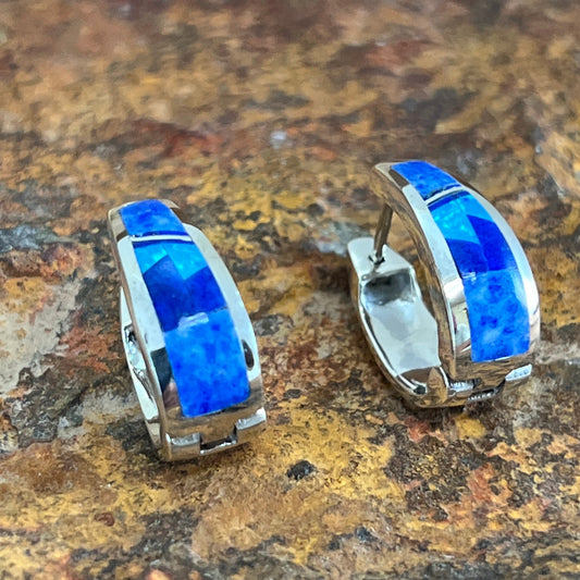 David Rosales Blue Sky Fancy Inlaid Sterling Silver Earrings Huggie
