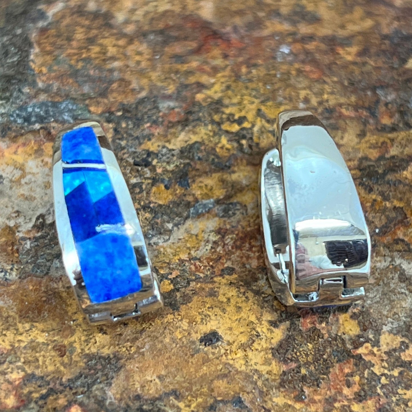David Rosales Blue Sky Fancy Inlaid Sterling Silver Earrings Huggie