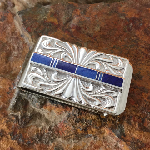 David Rosales Blue Water Inlaid Sterling Silver Money Clip
