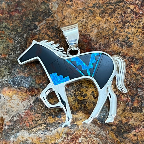 David Rosales Black Beauty Fancy Inlaid Sterling Silver Pendant Horse