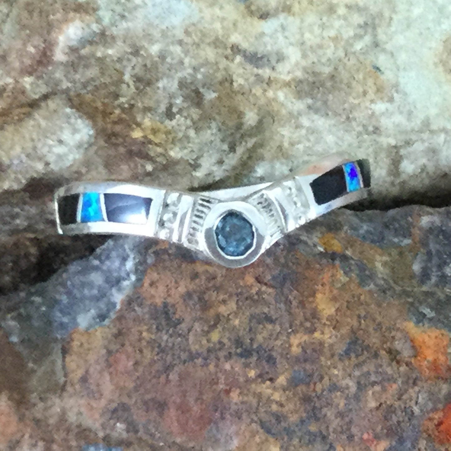 David Rosales Black Beauty Inlaid Sterling Silver Ring w/ Blue Topaz