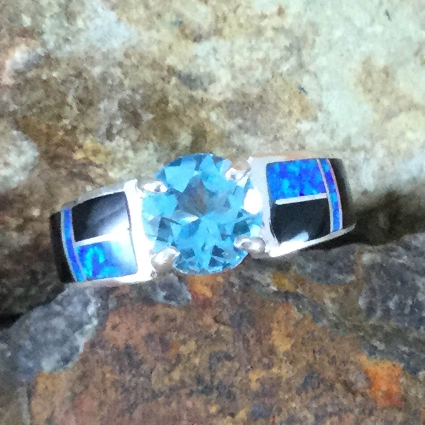 David Rosales Black Beauty Inlaid Sterling Silver Ring w/ Blue Topaz