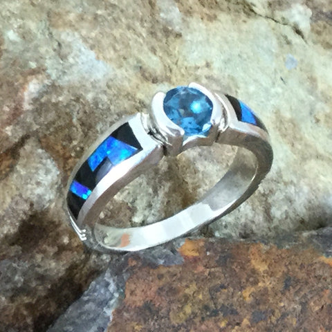 David Rosales Black Beauty Fancy Inlaid Sterling Silver Ring w/ Blue Topaz