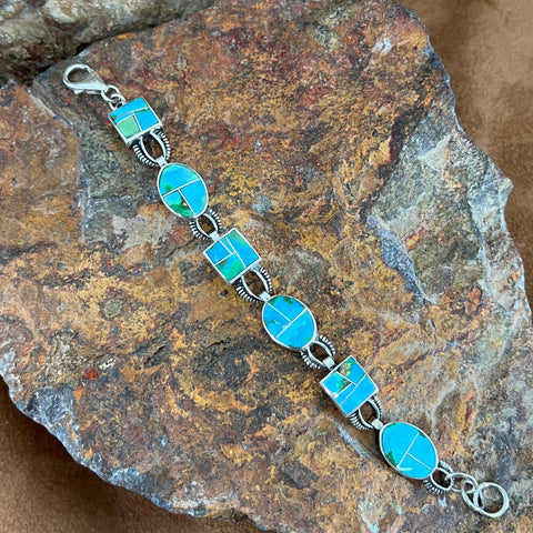 David Rosales Sonoran Gold Turquoise Inlaid Sterling Silver Link Bracelet