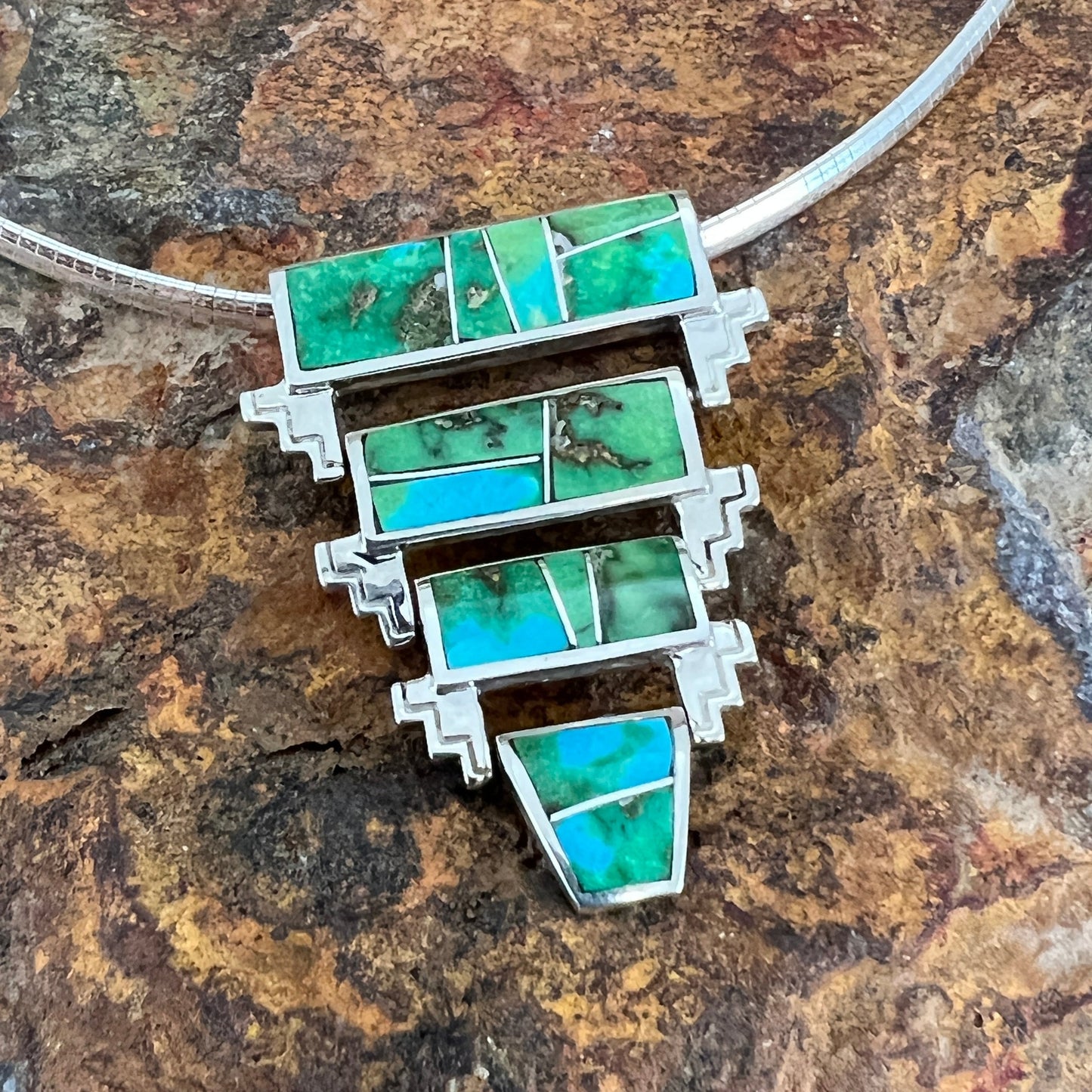 David Rosales Sonoran Gold Inlaid Sterling Silver Pendant Waterfall Slider