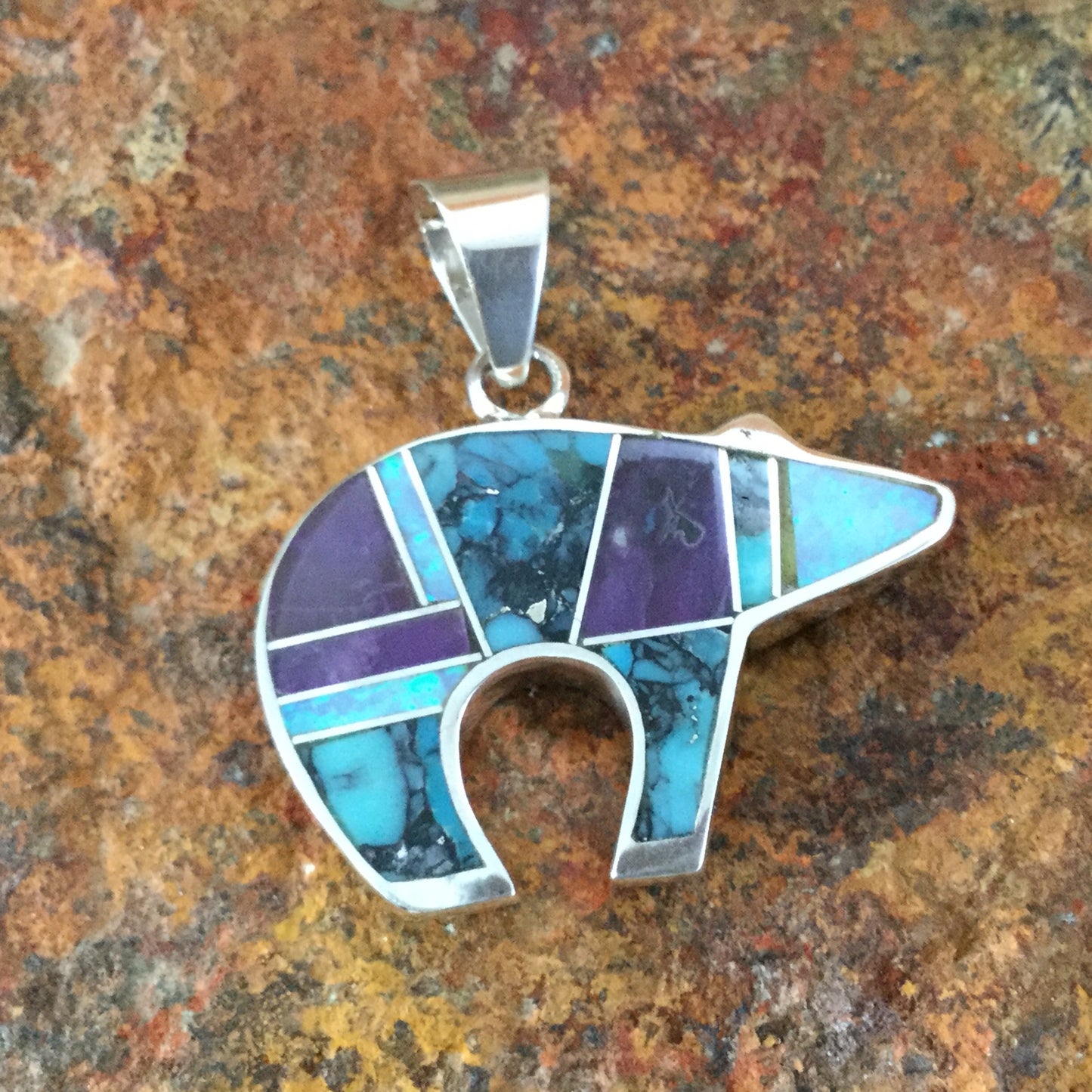 David Rosales Shalako Inlaid Sterling Silver Pendant Bear