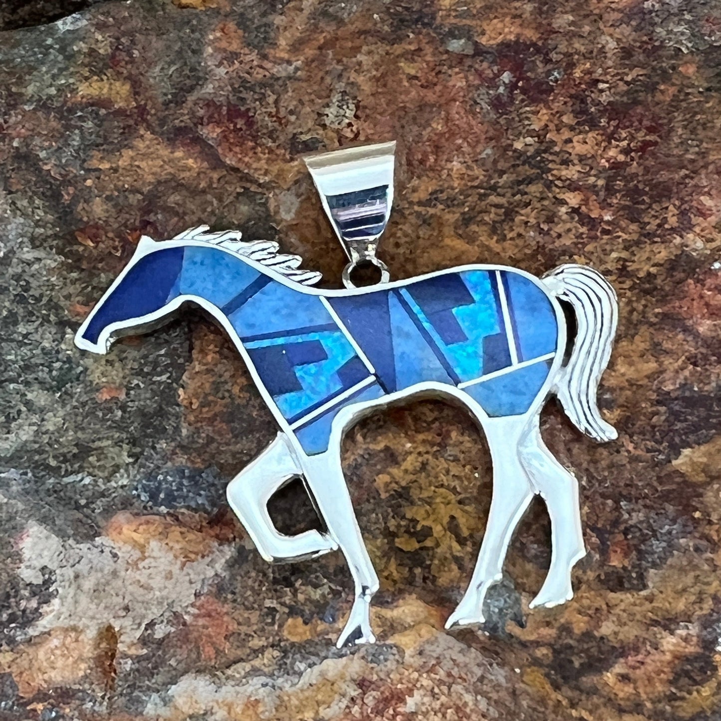 David Rosales Blue Sky Fancy Inlaid Sterling Silver Pendant Horse