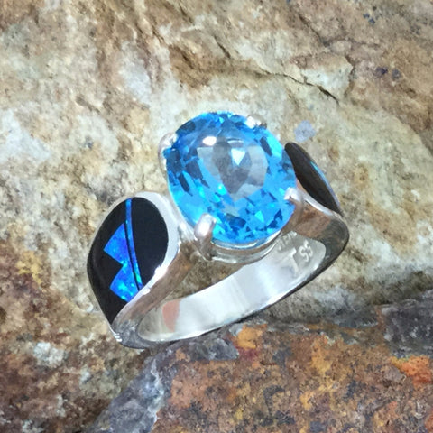 David Rosales Black Beauty Fancy Inlaid Sterling Silver Ring w/ Blue Topaz