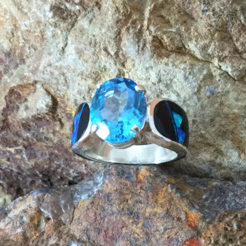 David Rosales Black Beauty Fancy Inlaid Sterling Silver Ring w/ Blue Topaz