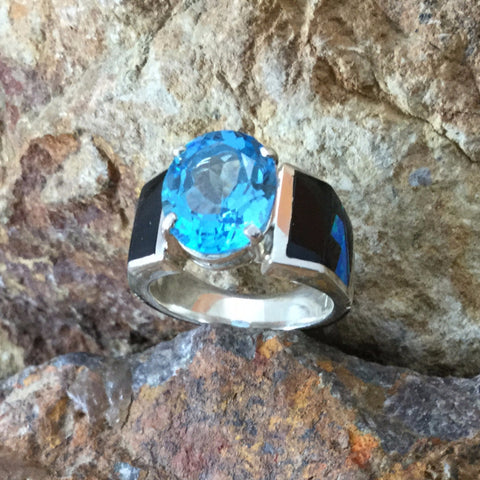 David Rosales Black Beauty Fancy Inlaid Sterling Silver Ring w/ Blue Topaz