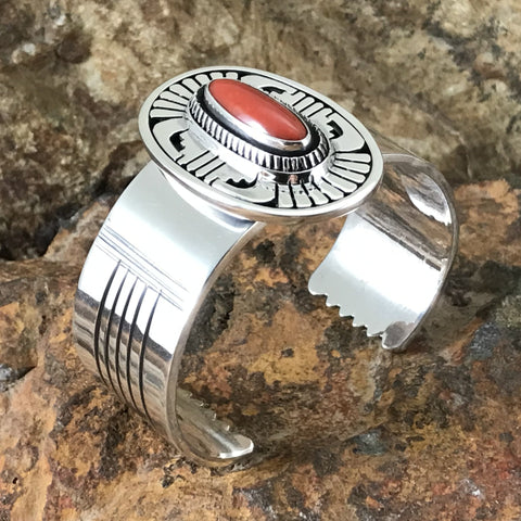 Red Coral Sterling Silver Bracelet by Leonard Nez