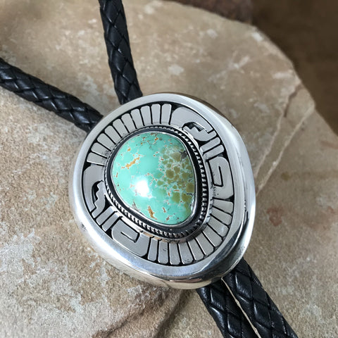 Carico Lake Turquoise Sterling Silver Leather Bolo Tie by Leonard Nez