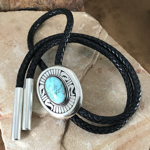 Royston Turquoise Sterling Silver Leather Bolo Tie by Leonard Nez