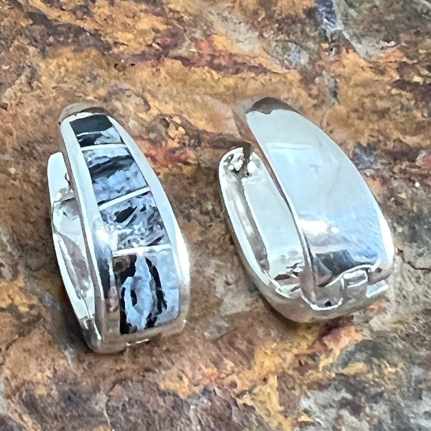 David Rosales White Buffalo Inlaid Sterling Silver Earrings Huggie