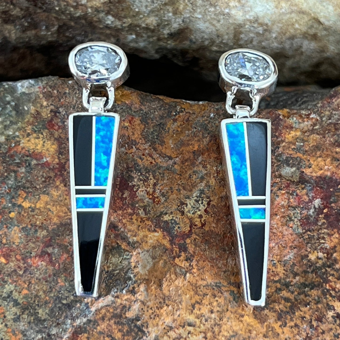 David Rosales Black Beauty Inlaid Sterling Silver Earrings w/ Cubic Zirconia