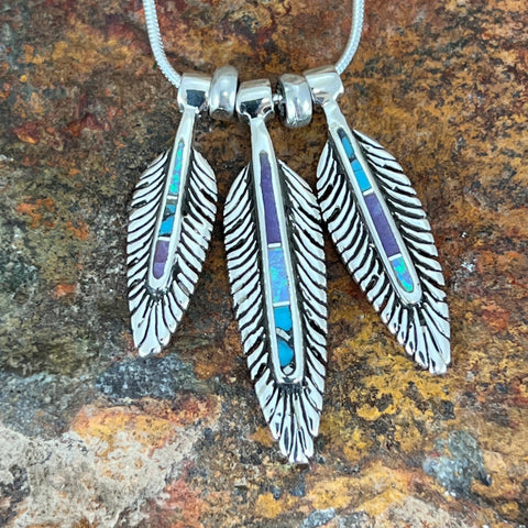 David Rosales Shalako Inlaid Sterling Silver Necklace Feathers