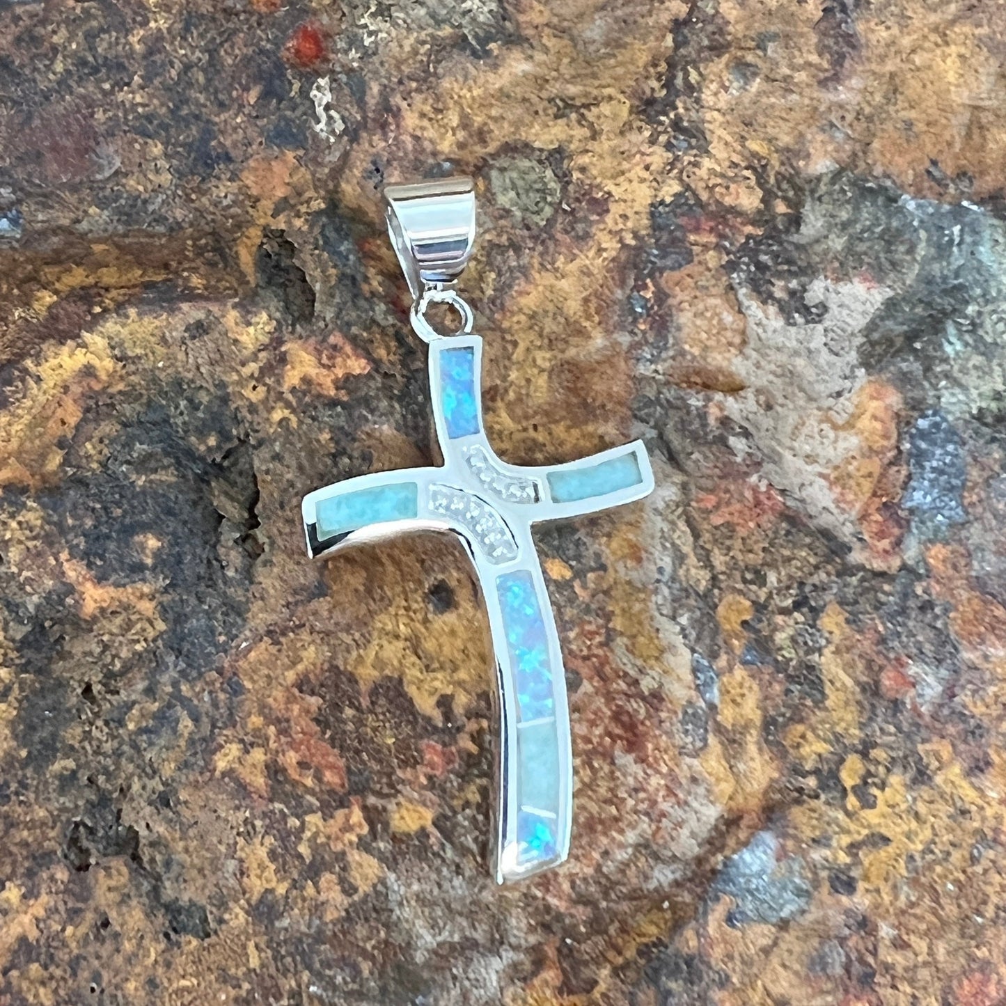 David Rosales Amazing Light Inlaid Sterling Silver Pendant Cross
