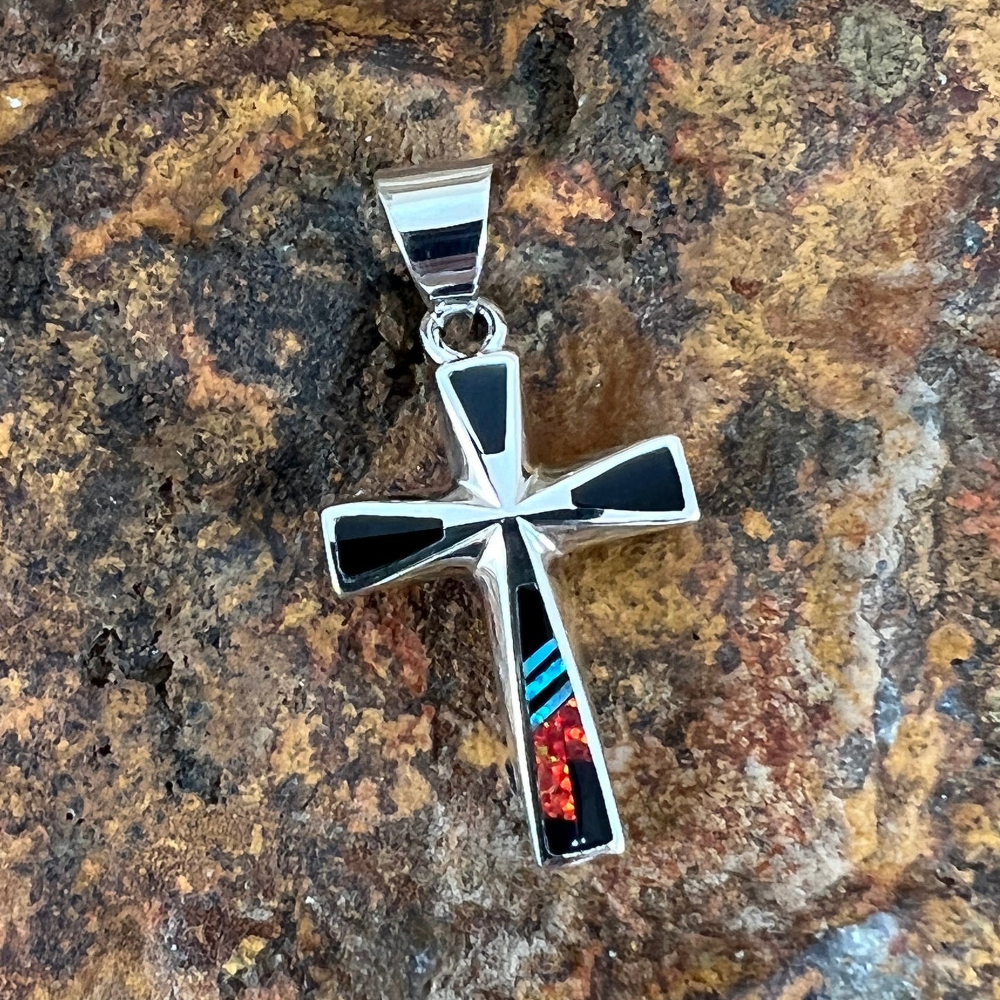 David Rosales Red Moon Inlaid Sterling Silver Pendant Cross