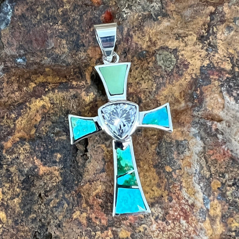 David Rosales Sonoran Gold Inlaid Sterling Silver Pendant Cross with CZ