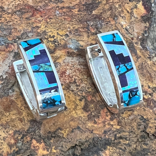 David Rosales Shalako Fancy Inlaid Sterling Silver Earrings Huggie