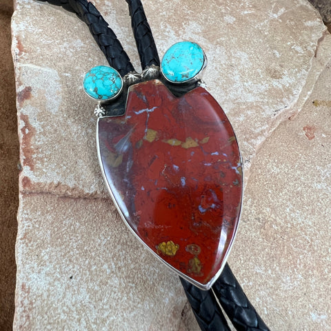 Red Jasper & Lone Mountain Turquoise Sterling Silver Leather Bolo Tie by Billy Jaramillo