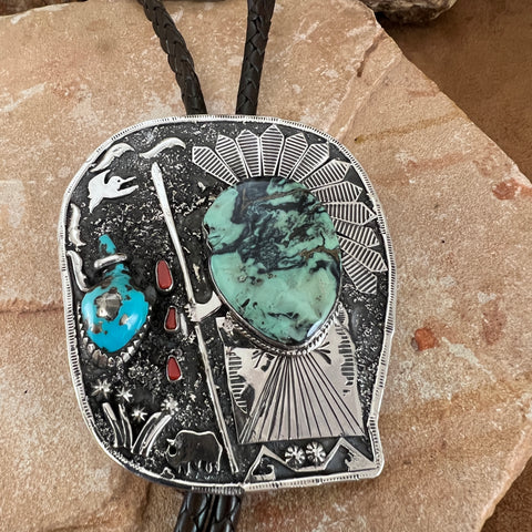 Apache Variscite & Morenci Turquoise Sterling Silver Leather Bolo Tie by Billy Jaramillo