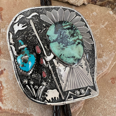 Apache Variscite & Morenci Turquoise Sterling Silver Leather Bolo Tie by Billy Jaramillo