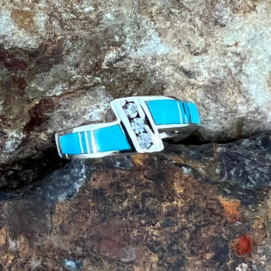 David Rosales Arizona Blue Inlaid Sterling Silver Ring w Cubic Zirconia