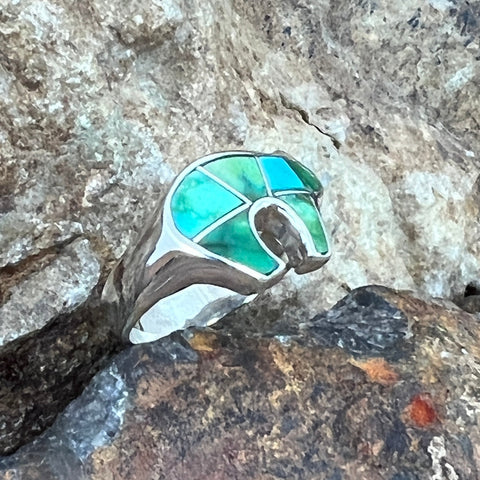 David Rosales Sonoran Gold Turquoise Inlaid Sterling Silver Ring Bear