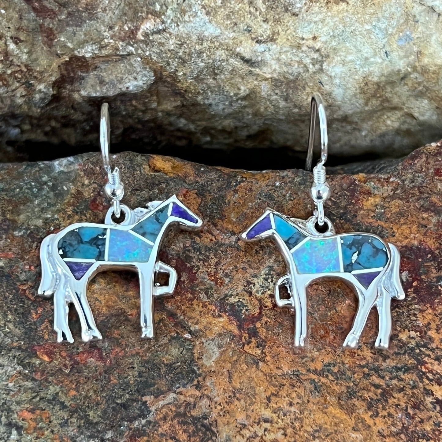David Rosales Shalako Inlaid Sterling Silver Earrings Horse