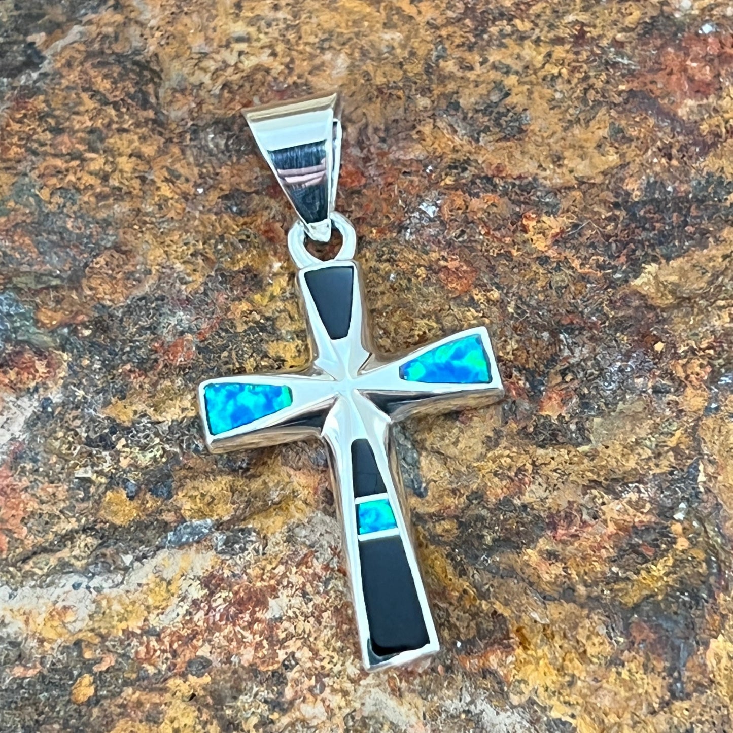 David Rosales Black Beauty Inlaid Sterling Silver Pendant Cross