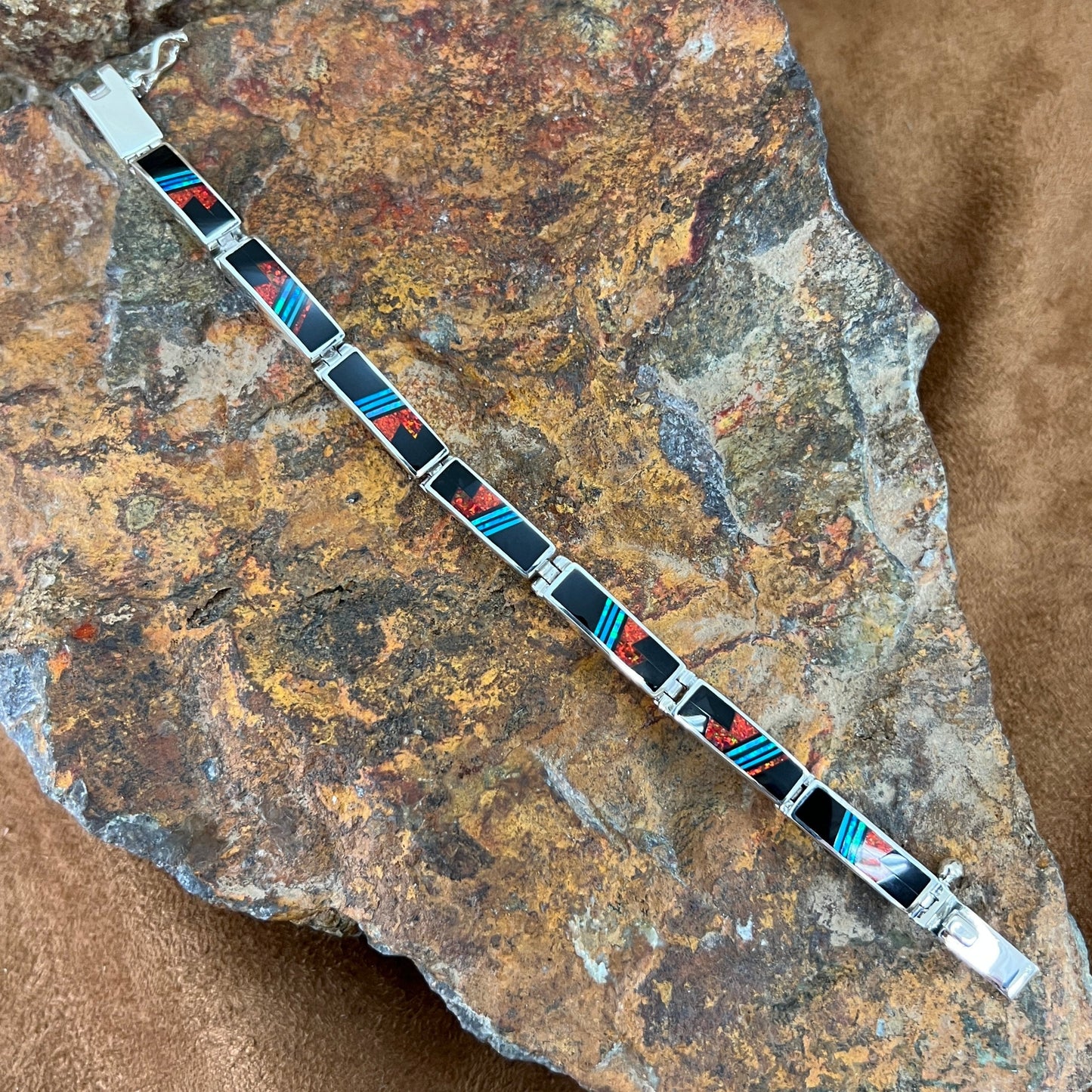 David Rosales Red Moon Inlaid Sterling Silver Big Link Bracelet