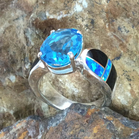 David Rosales Black Beauty Fancy Inlaid Sterling Silver Ring w/ Blue Topaz