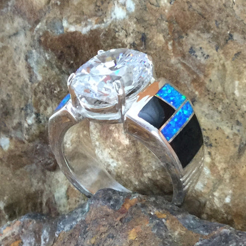 David Rosales Black Beauty Inlaid Sterling Silver Ring w/ Cubic Zirconia