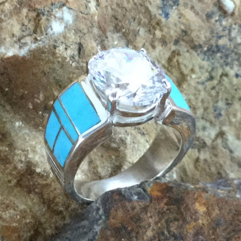 David Rosales Arizona Blue Inlaid Sterling Silver Ring w Cubic Zirconia