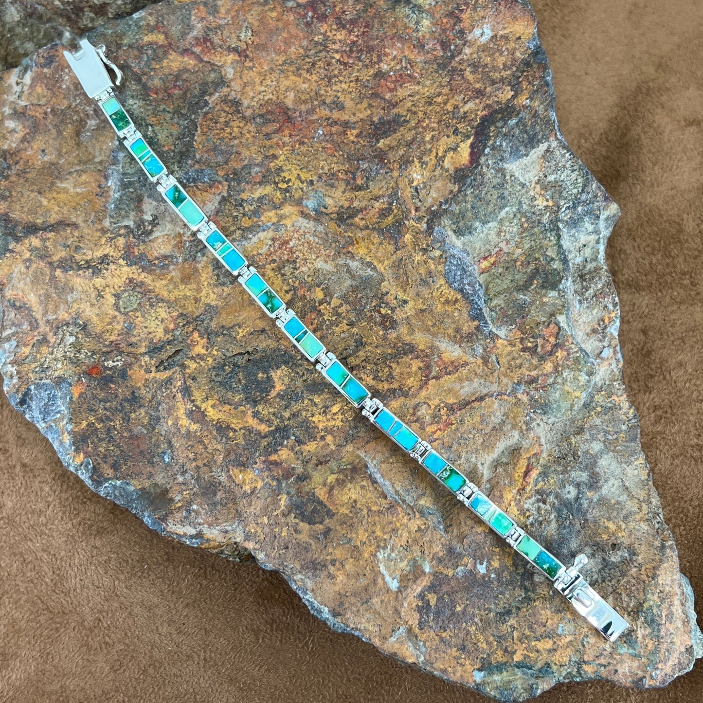 David Rosales Sonoran Gold Turquoise Inlaid Sterling Silver Link Bracelet
