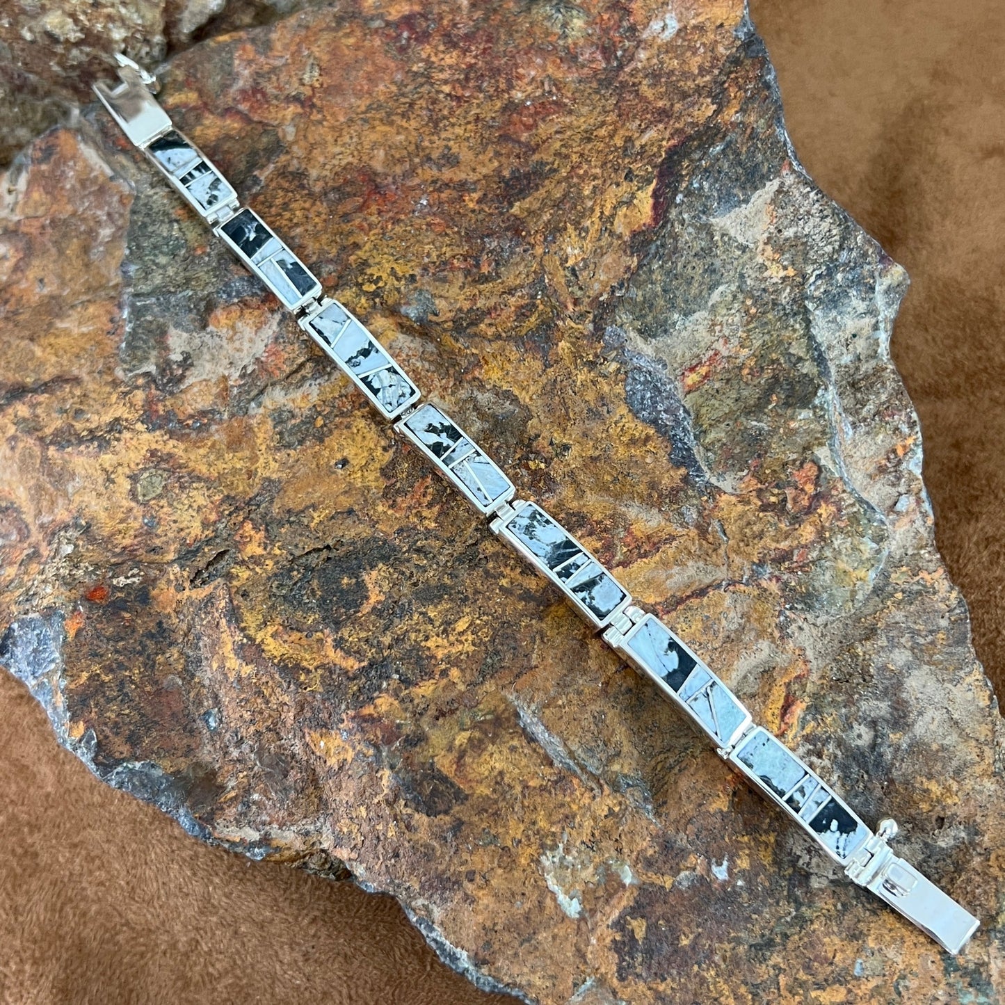 David Rosales White Buffalo Inlaid Sterling Silver Big Link Bracelet