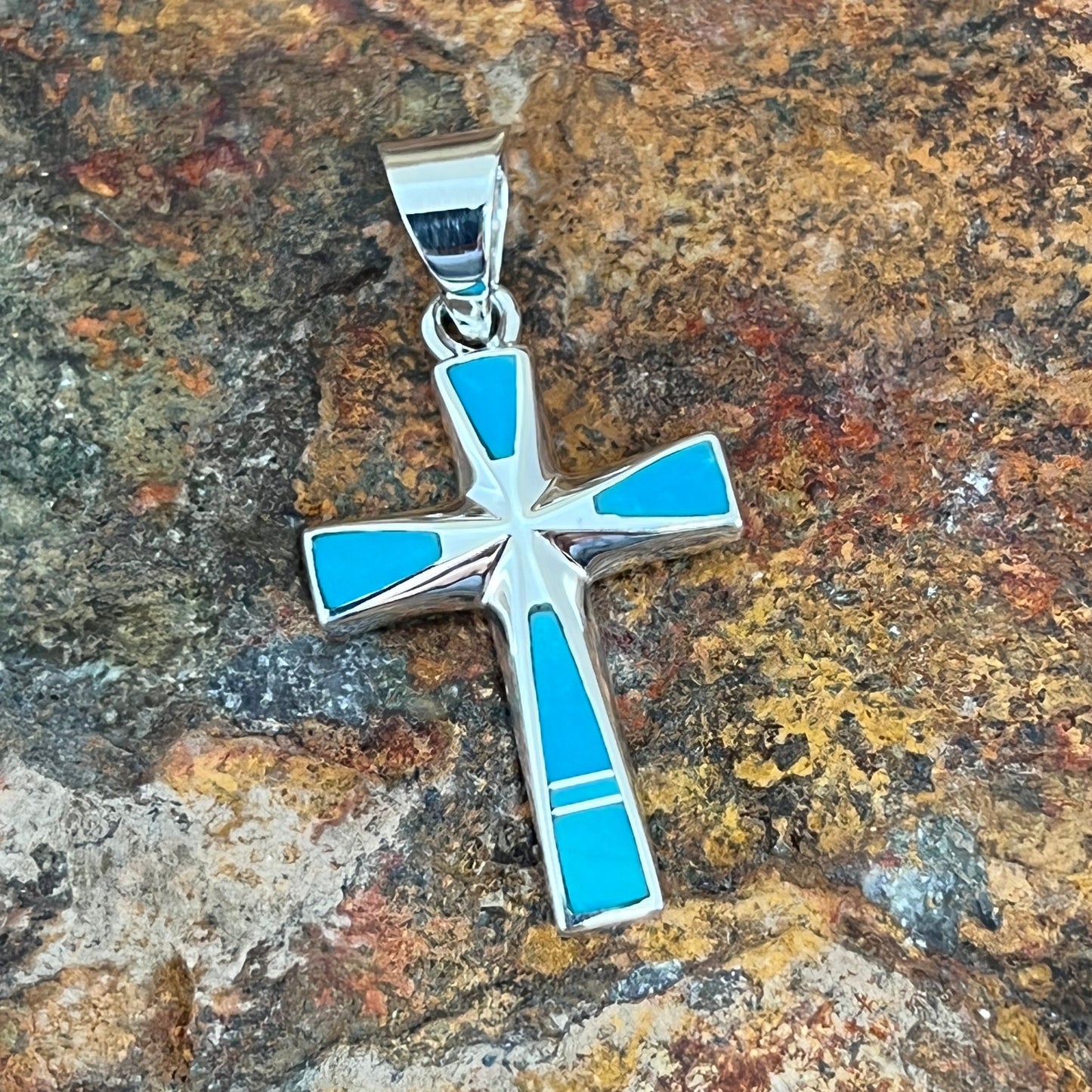 David Rosales Arizona Blue Inlaid Sterling Silver Pendant Cross