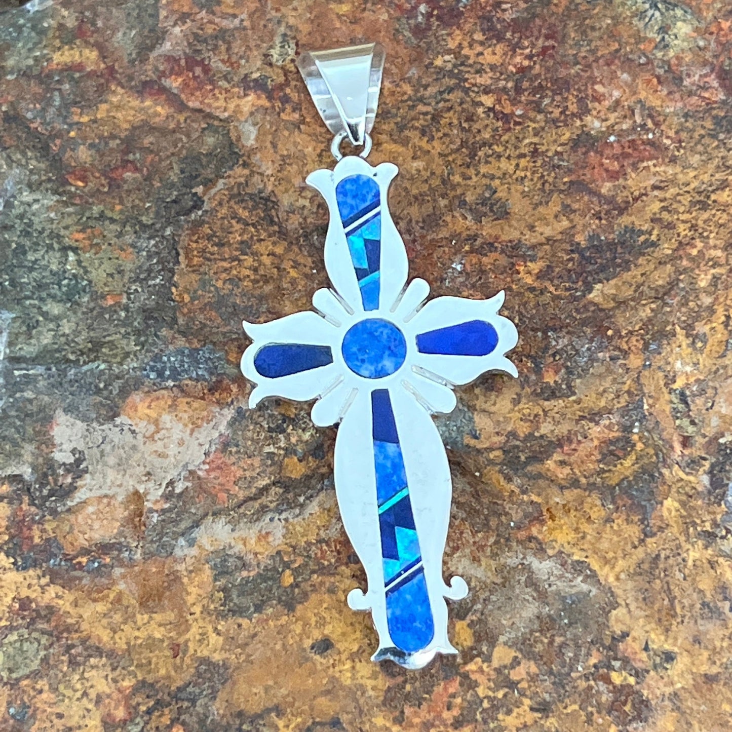 David Rosales Blue Sky Inlaid Sterling Silver Pendant Cross